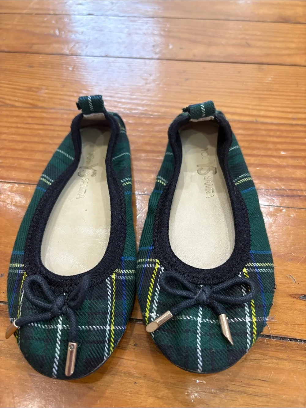 Yosi Samra Green Plaid Kids Ballet Flats with Bow